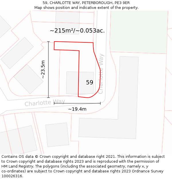 59, CHARLOTTE WAY, PETERBOROUGH, PE3 9ER: Plot and title map