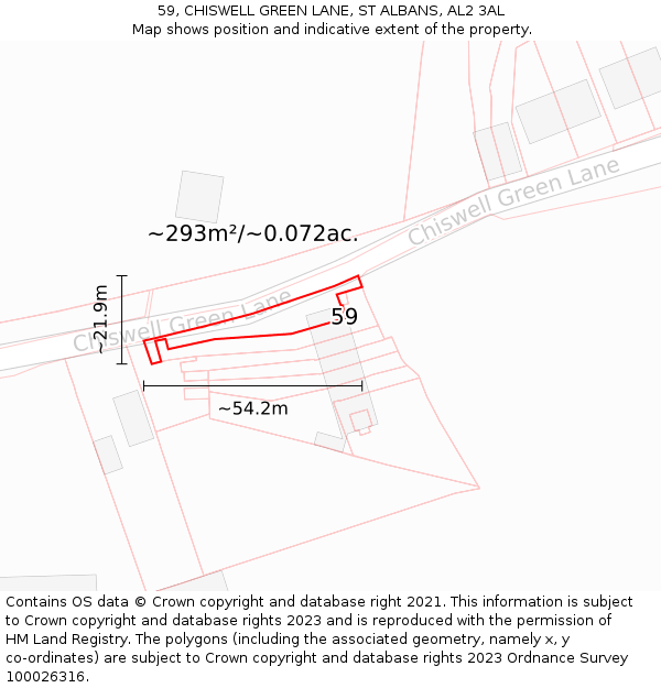 59, CHISWELL GREEN LANE, ST ALBANS, AL2 3AL: Plot and title map