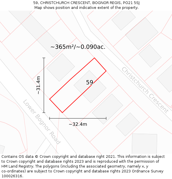 59, CHRISTCHURCH CRESCENT, BOGNOR REGIS, PO21 5SJ: Plot and title map