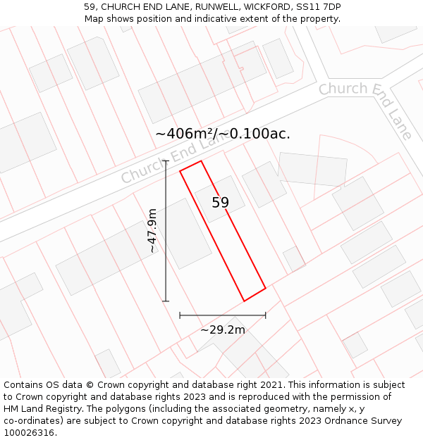 59, CHURCH END LANE, RUNWELL, WICKFORD, SS11 7DP: Plot and title map