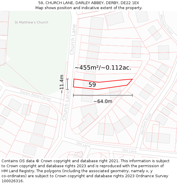 59, CHURCH LANE, DARLEY ABBEY, DERBY, DE22 1EX: Plot and title map