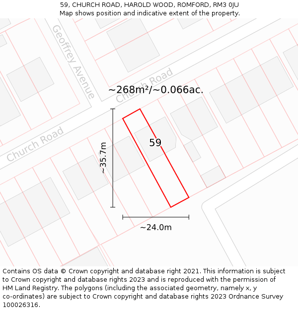 59, CHURCH ROAD, HAROLD WOOD, ROMFORD, RM3 0JU: Plot and title map