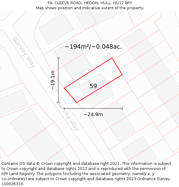 59, CLEEVE ROAD, HEDON, HULL, HU12 8PY: Plot and title map