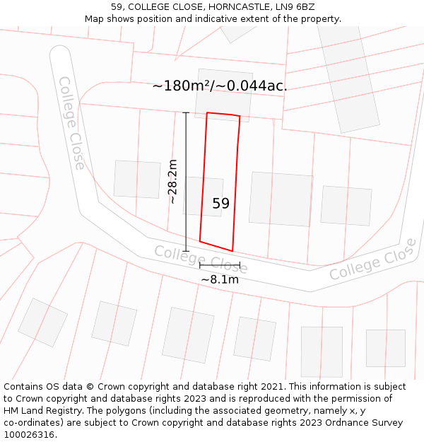 59, COLLEGE CLOSE, HORNCASTLE, LN9 6BZ: Plot and title map