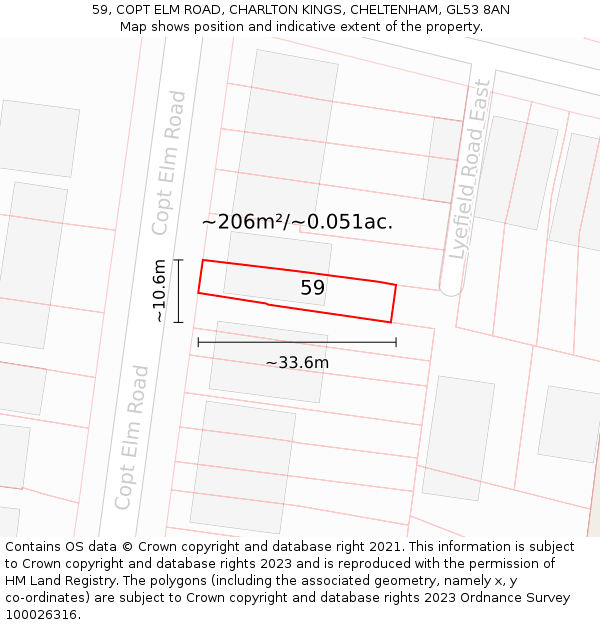 59, COPT ELM ROAD, CHARLTON KINGS, CHELTENHAM, GL53 8AN: Plot and title map