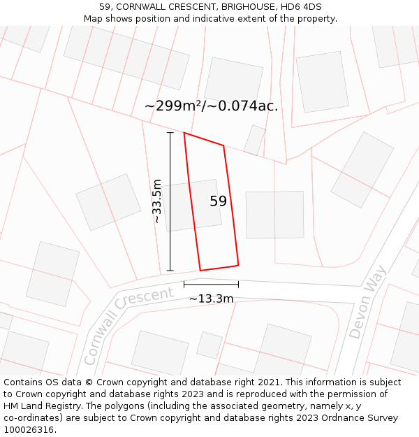 59, CORNWALL CRESCENT, BRIGHOUSE, HD6 4DS: Plot and title map