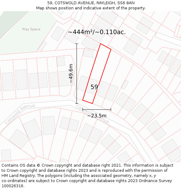 59, COTSWOLD AVENUE, RAYLEIGH, SS6 8AN: Plot and title map