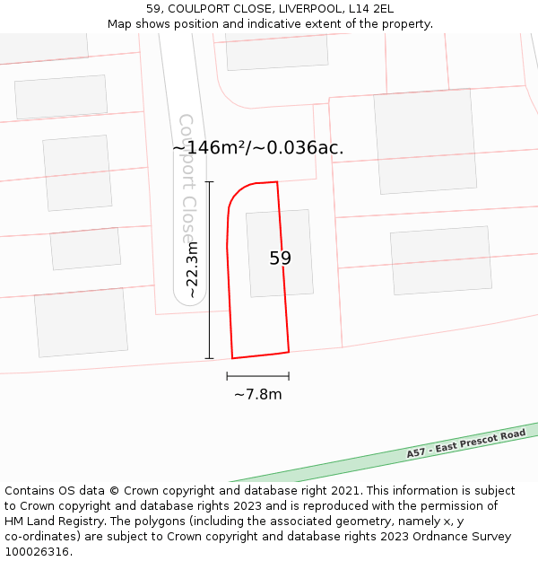 59, COULPORT CLOSE, LIVERPOOL, L14 2EL: Plot and title map