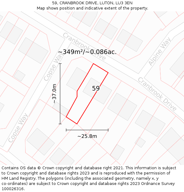 59, CRANBROOK DRIVE, LUTON, LU3 3EN: Plot and title map