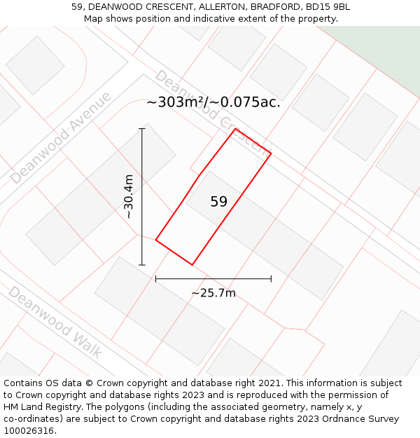 59, DEANWOOD CRESCENT, ALLERTON, BRADFORD, BD15 9BL: Plot and title map