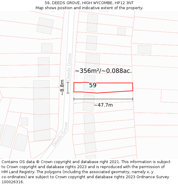 59, DEEDS GROVE, HIGH WYCOMBE, HP12 3NT: Plot and title map