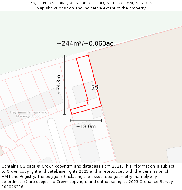 59, DENTON DRIVE, WEST BRIDGFORD, NOTTINGHAM, NG2 7FS: Plot and title map