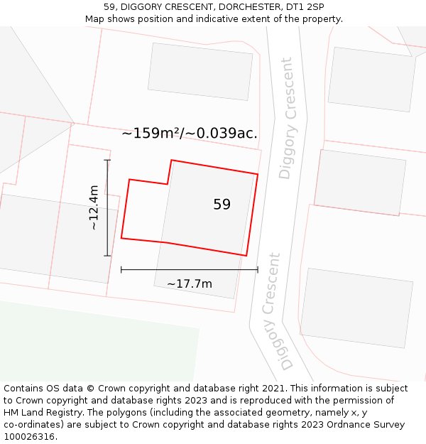 59, DIGGORY CRESCENT, DORCHESTER, DT1 2SP: Plot and title map