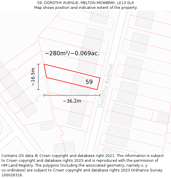 59, DOROTHY AVENUE, MELTON MOWBRAY, LE13 0LA: Plot and title map