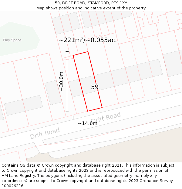 59, DRIFT ROAD, STAMFORD, PE9 1XA: Plot and title map