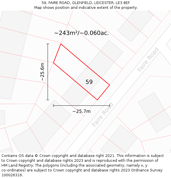 59, FAIRE ROAD, GLENFIELD, LEICESTER, LE3 8EF: Plot and title map