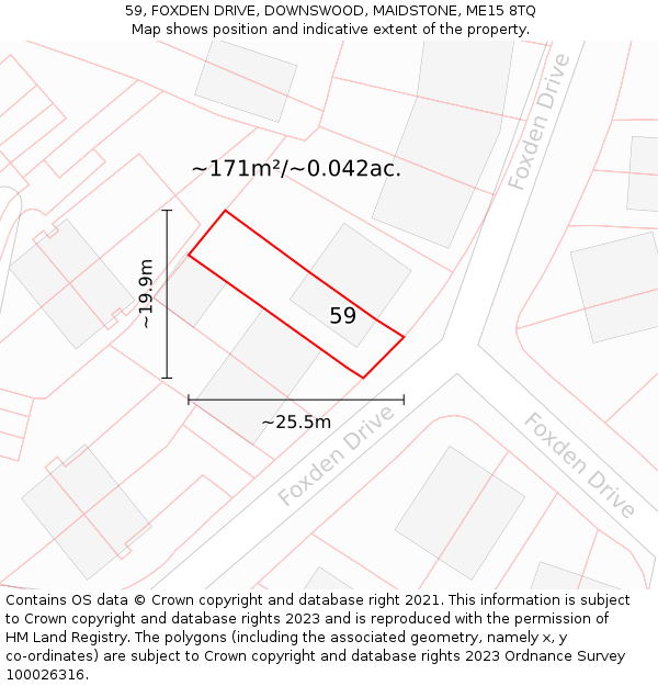 59, FOXDEN DRIVE, DOWNSWOOD, MAIDSTONE, ME15 8TQ: Plot and title map