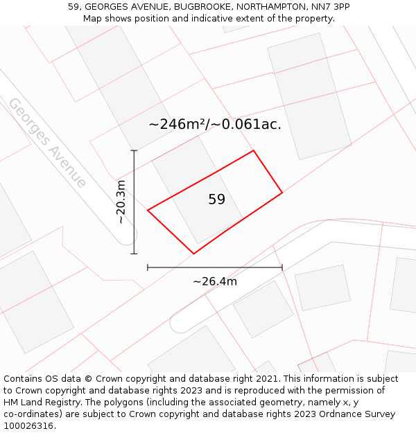 59, GEORGES AVENUE, BUGBROOKE, NORTHAMPTON, NN7 3PP: Plot and title map