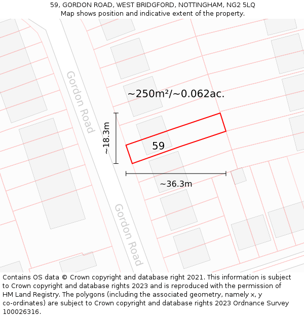 59, GORDON ROAD, WEST BRIDGFORD, NOTTINGHAM, NG2 5LQ: Plot and title map