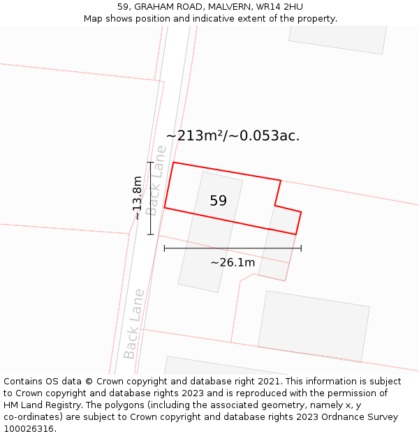 59, GRAHAM ROAD, MALVERN, WR14 2HU: Plot and title map