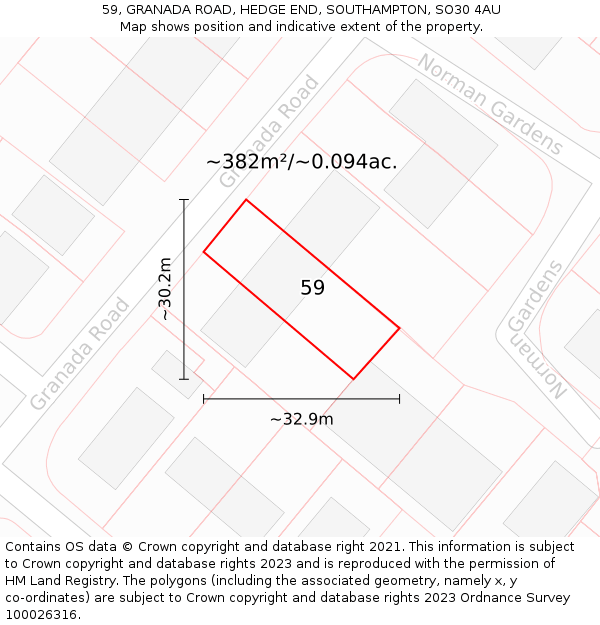 59, GRANADA ROAD, HEDGE END, SOUTHAMPTON, SO30 4AU: Plot and title map