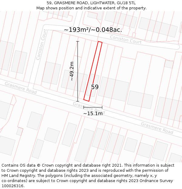 59, GRASMERE ROAD, LIGHTWATER, GU18 5TL: Plot and title map