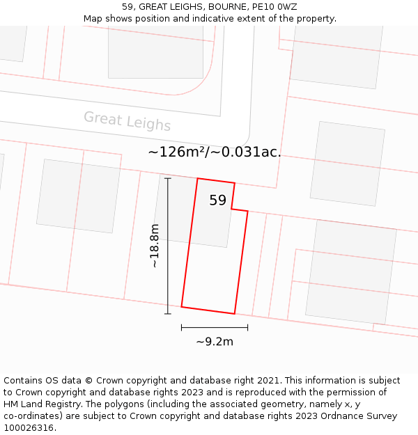 59, GREAT LEIGHS, BOURNE, PE10 0WZ: Plot and title map