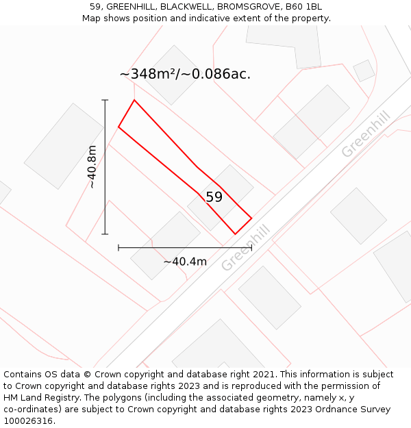 59, GREENHILL, BLACKWELL, BROMSGROVE, B60 1BL: Plot and title map