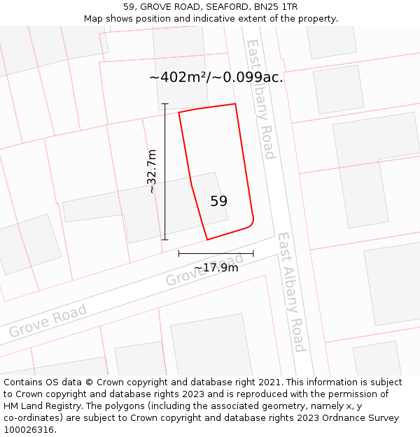 59, GROVE ROAD, SEAFORD, BN25 1TR: Plot and title map