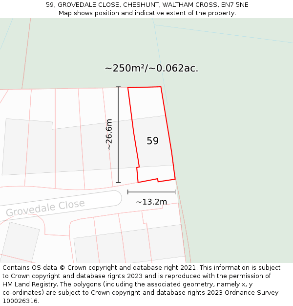 59, GROVEDALE CLOSE, CHESHUNT, WALTHAM CROSS, EN7 5NE: Plot and title map