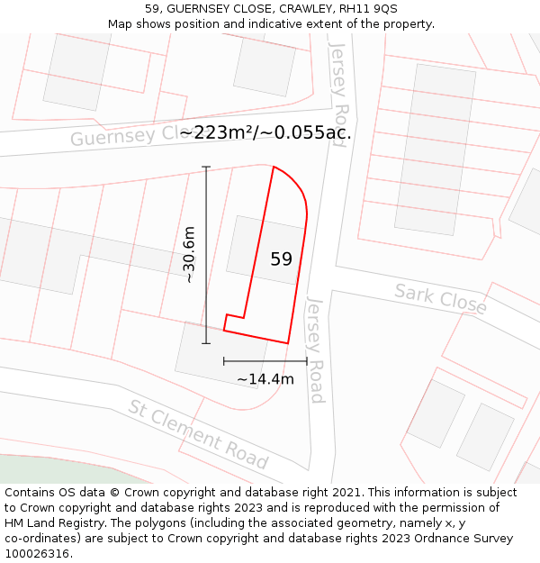 59, GUERNSEY CLOSE, CRAWLEY, RH11 9QS: Plot and title map