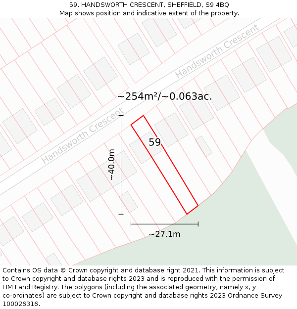 59, HANDSWORTH CRESCENT, SHEFFIELD, S9 4BQ: Plot and title map