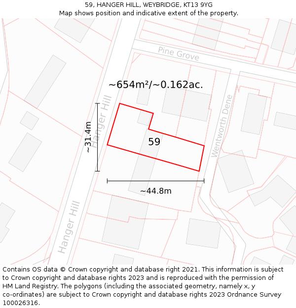 59, HANGER HILL, WEYBRIDGE, KT13 9YG: Plot and title map