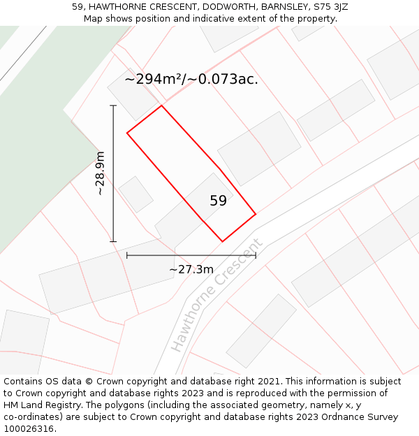 59, HAWTHORNE CRESCENT, DODWORTH, BARNSLEY, S75 3JZ: Plot and title map