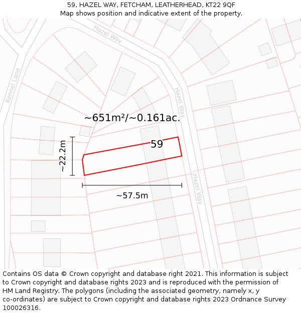 59, HAZEL WAY, FETCHAM, LEATHERHEAD, KT22 9QF: Plot and title map