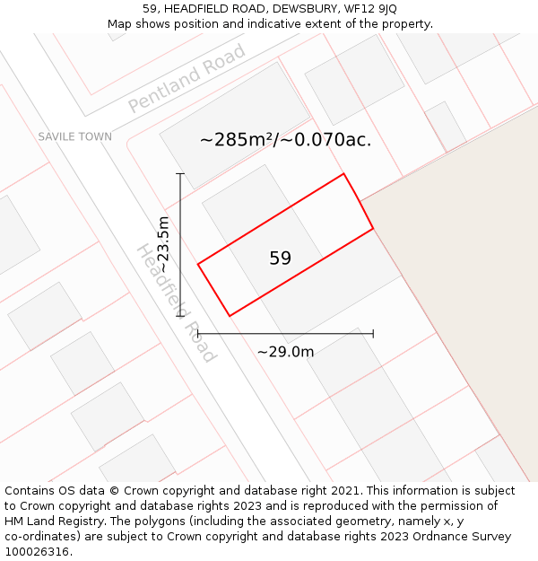 59, HEADFIELD ROAD, DEWSBURY, WF12 9JQ: Plot and title map