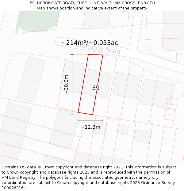 59, HERONGATE ROAD, CHESHUNT, WALTHAM CROSS, EN8 0TU: Plot and title map