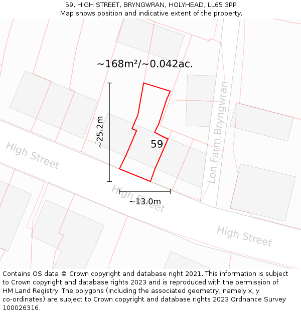 59, HIGH STREET, BRYNGWRAN, HOLYHEAD, LL65 3PP: Plot and title map