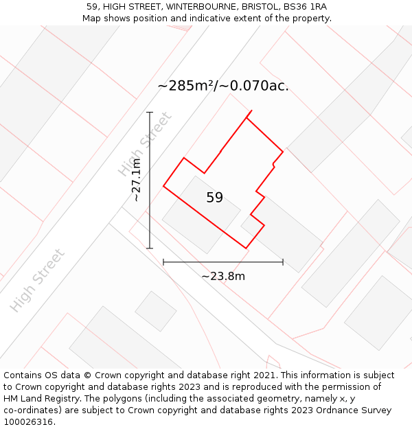 59, HIGH STREET, WINTERBOURNE, BRISTOL, BS36 1RA: Plot and title map