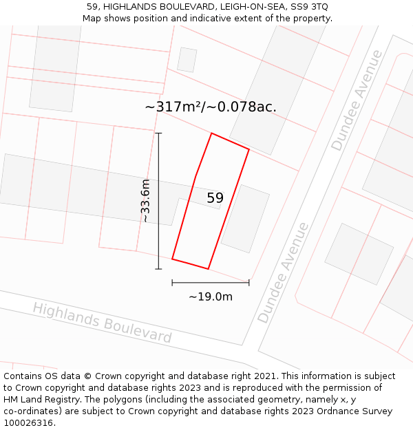 59, HIGHLANDS BOULEVARD, LEIGH-ON-SEA, SS9 3TQ: Plot and title map