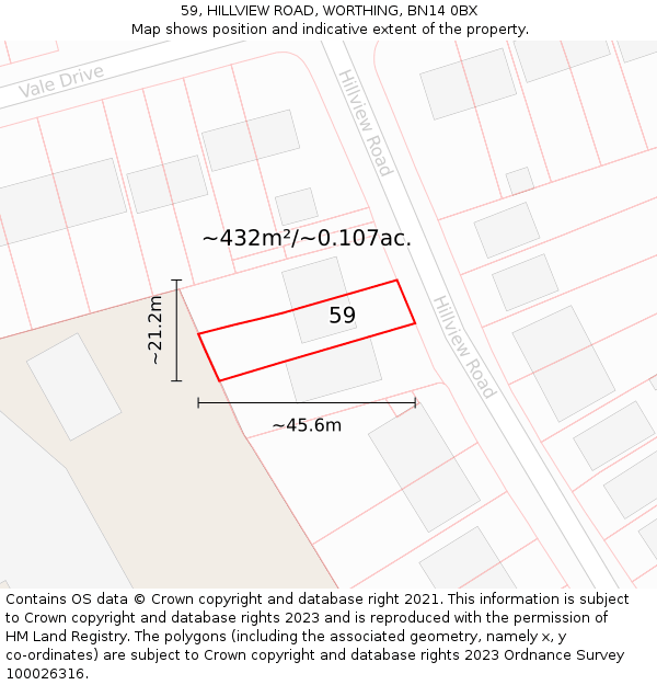 59, HILLVIEW ROAD, WORTHING, BN14 0BX: Plot and title map