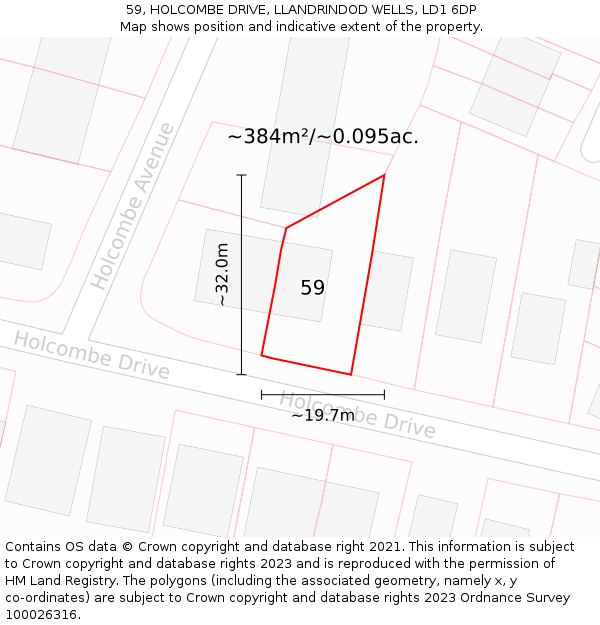 59, HOLCOMBE DRIVE, LLANDRINDOD WELLS, LD1 6DP: Plot and title map