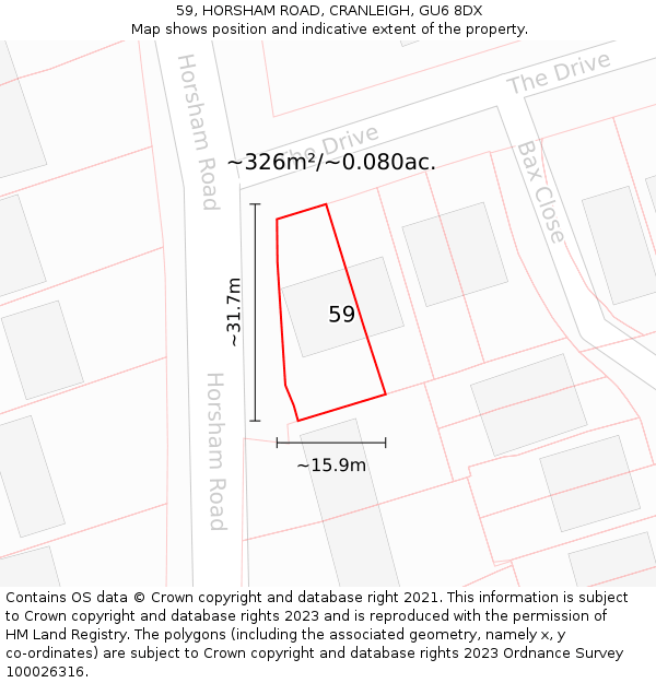 59, HORSHAM ROAD, CRANLEIGH, GU6 8DX: Plot and title map