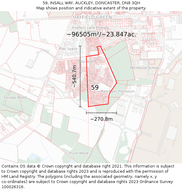 59, INSALL WAY, AUCKLEY, DONCASTER, DN9 3QH: Plot and title map