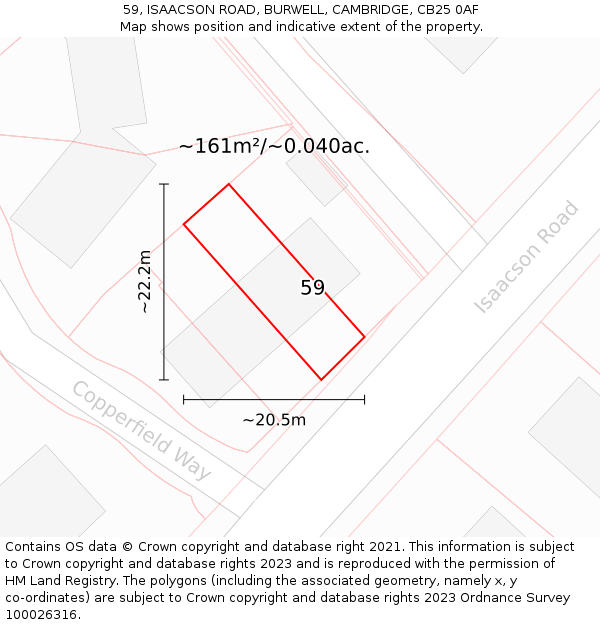 59, ISAACSON ROAD, BURWELL, CAMBRIDGE, CB25 0AF: Plot and title map