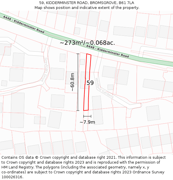 59, KIDDERMINSTER ROAD, BROMSGROVE, B61 7LA: Plot and title map