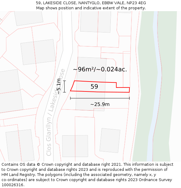 59, LAKESIDE CLOSE, NANTYGLO, EBBW VALE, NP23 4EG: Plot and title map