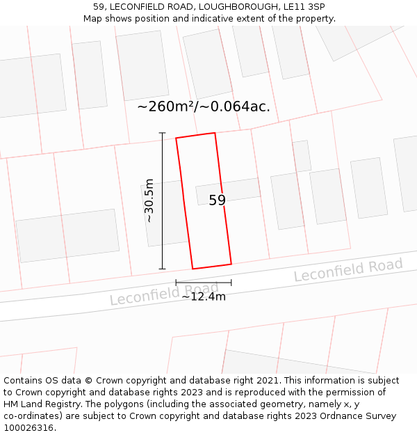 59, LECONFIELD ROAD, LOUGHBOROUGH, LE11 3SP: Plot and title map