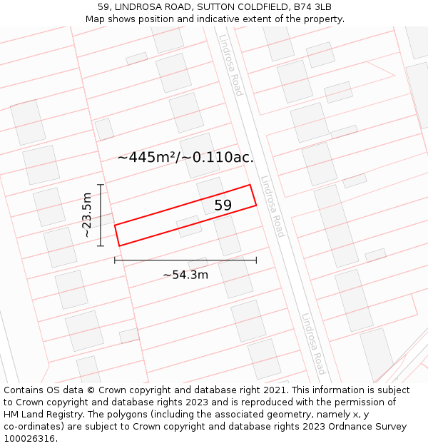 59, LINDROSA ROAD, SUTTON COLDFIELD, B74 3LB: Plot and title map