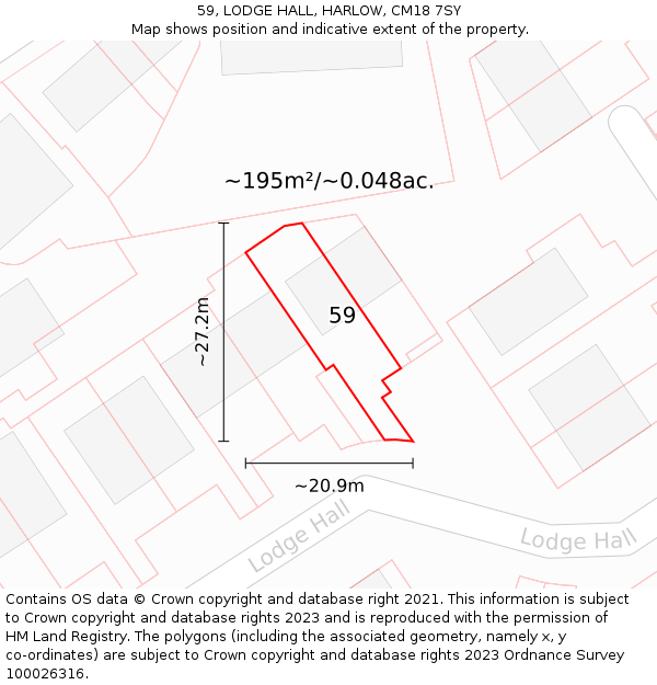 59, LODGE HALL, HARLOW, CM18 7SY: Plot and title map